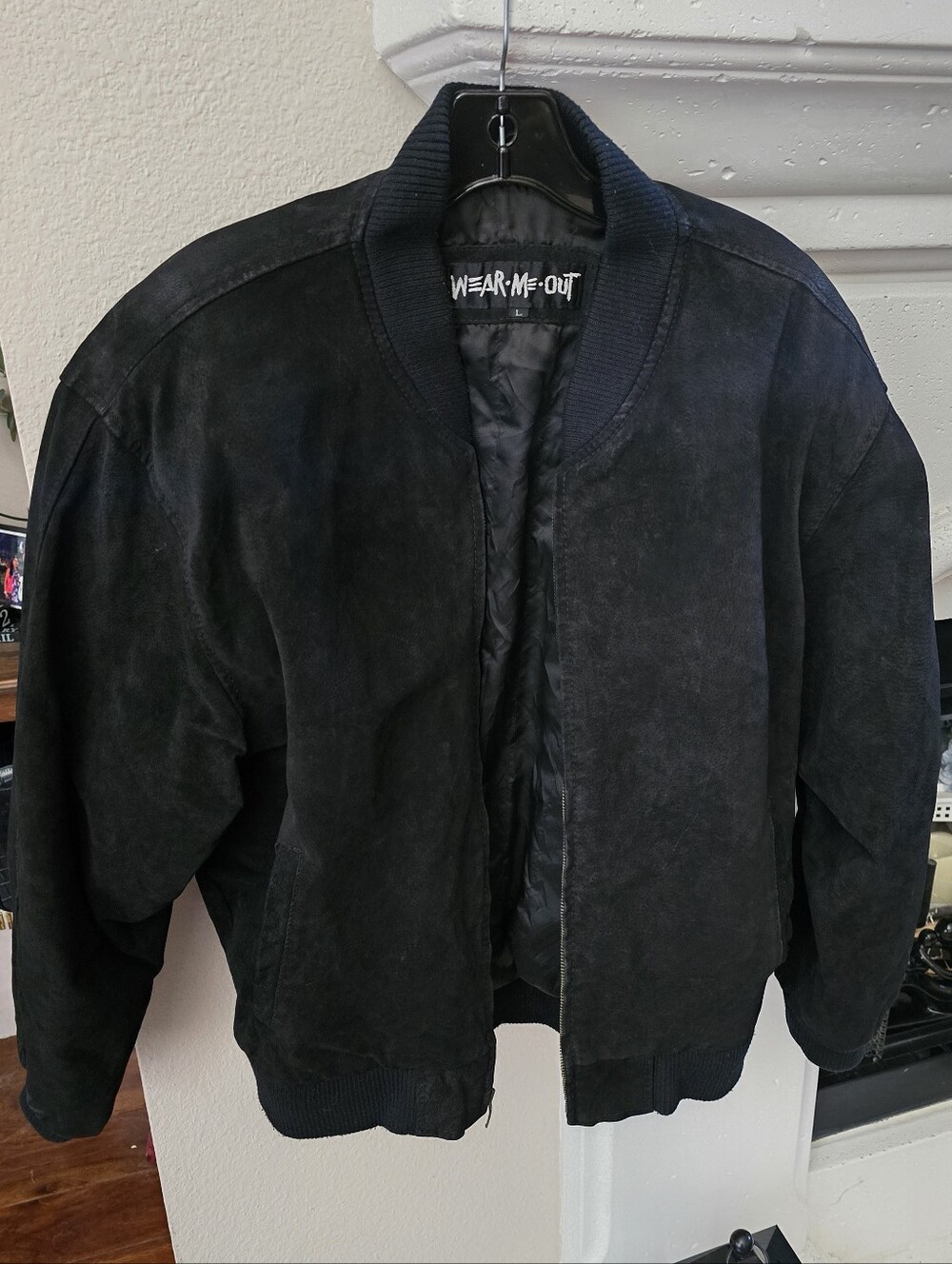 Men's Black Suede Bomber Jacket Wear Me Out Side Large